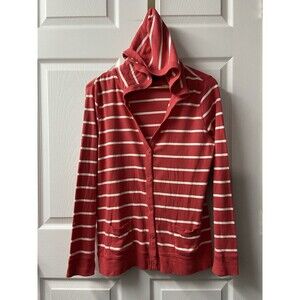 Lauren Ralph Lauren Hoodie Women Petite Large Red Striped Button Up Front Pocket